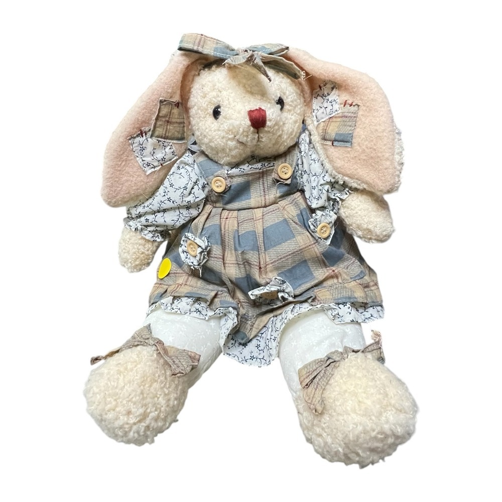Vintage MTY International Plush Bunny Rabbit Plaid Dress Floral Country Core 12"